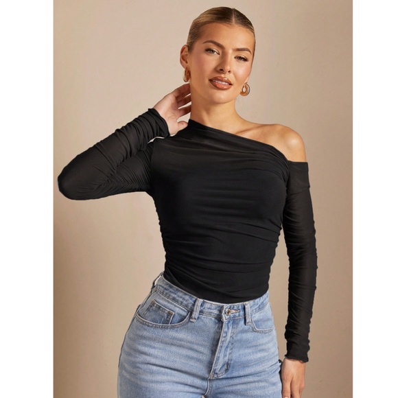 Black Mesh Ruched Asymmetrical Slim Fitted Shirt Tee Top Sheer - Picture 2 of 13